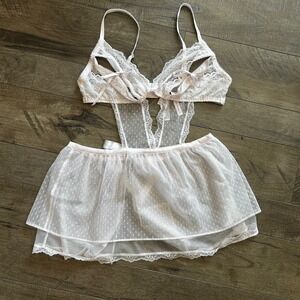 Victoria's Secret Pink Lace Polka Dot Mesh Skirted Teddy Lingerie Babydoll Large